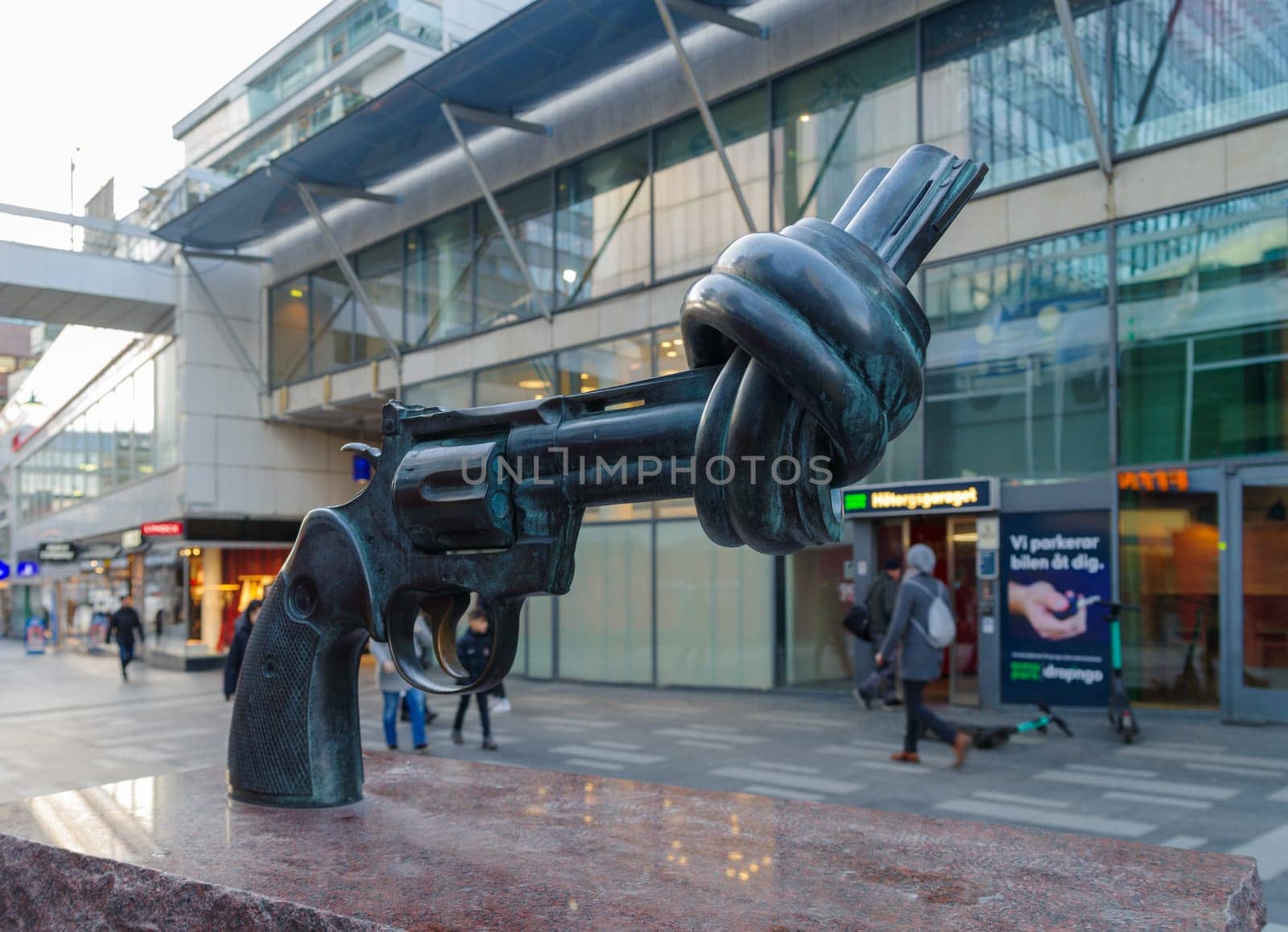 STOCKHOLM, SWEDEN- DECEMBER 23, 2020: A statue for non violence created by Fredrik Reutersward in the swedish capital.