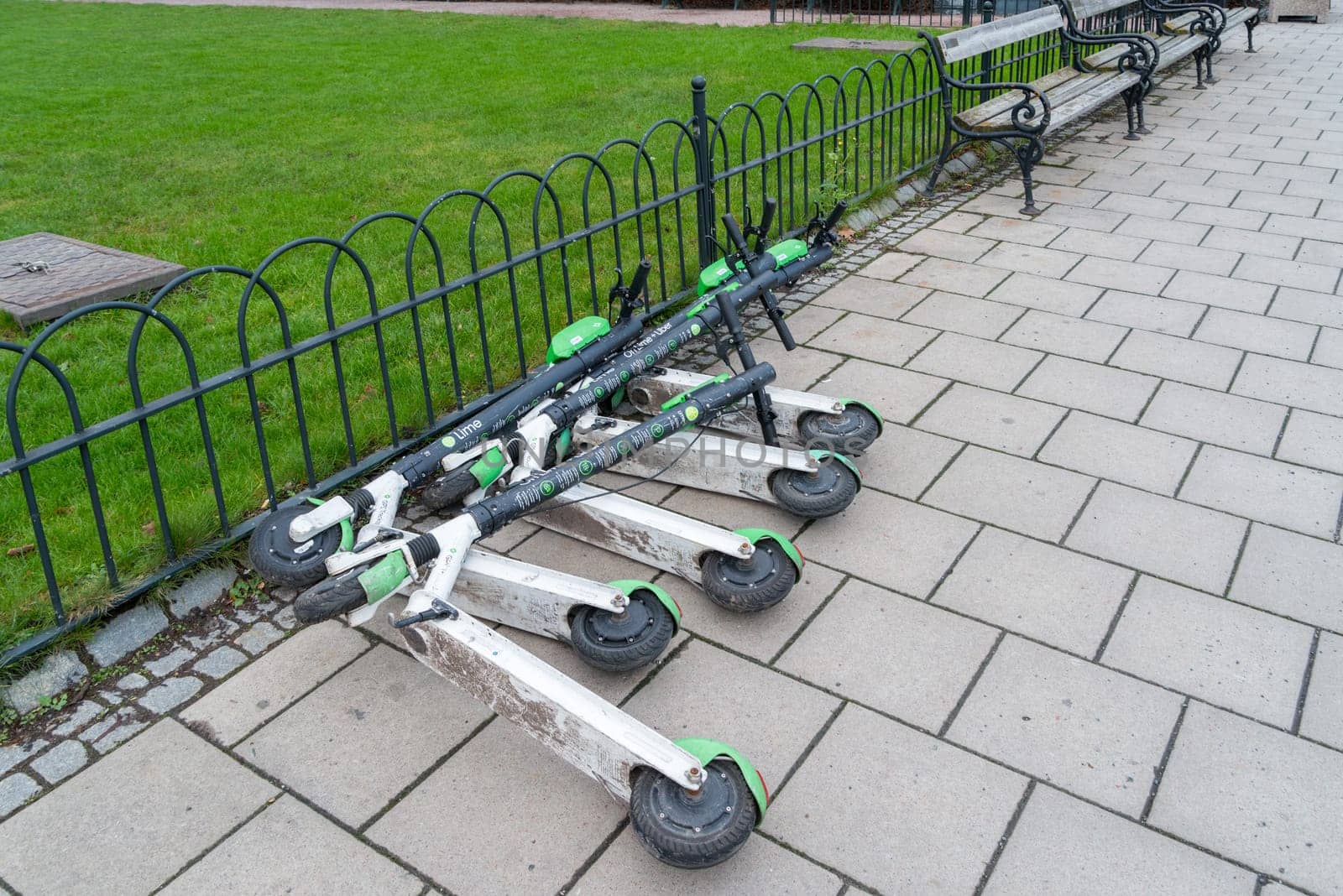 STOCKHOLM, SWEDEN- DECEMBER 23, 2020: e-scooters for hire in the swedish capital