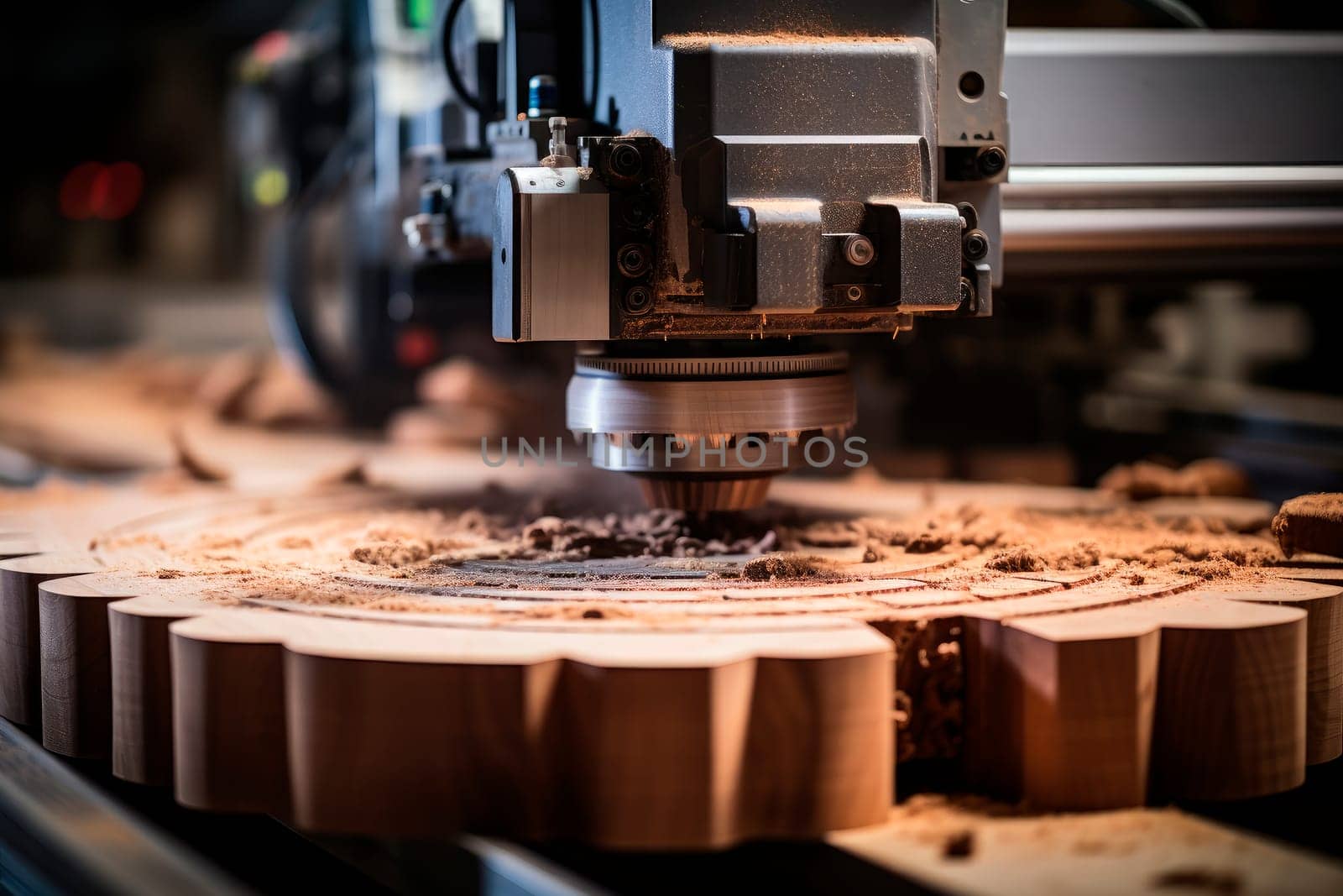 Close-up shot of machine with numerical control cuts wood. Cnc technology.Machining by cutting wood details using special equipment. AI generated