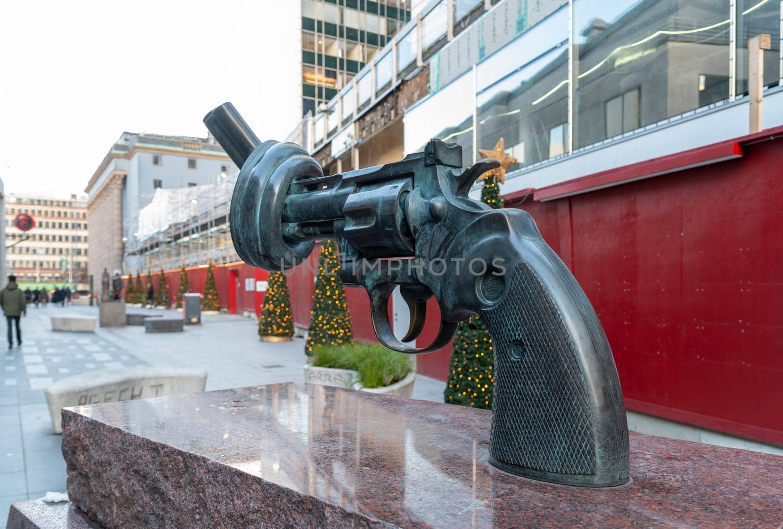 STOCKHOLM, SWEDEN- DECEMBER 23, 2020: A statue for non violence created by Fredrik Reutersward in the swedish capital.