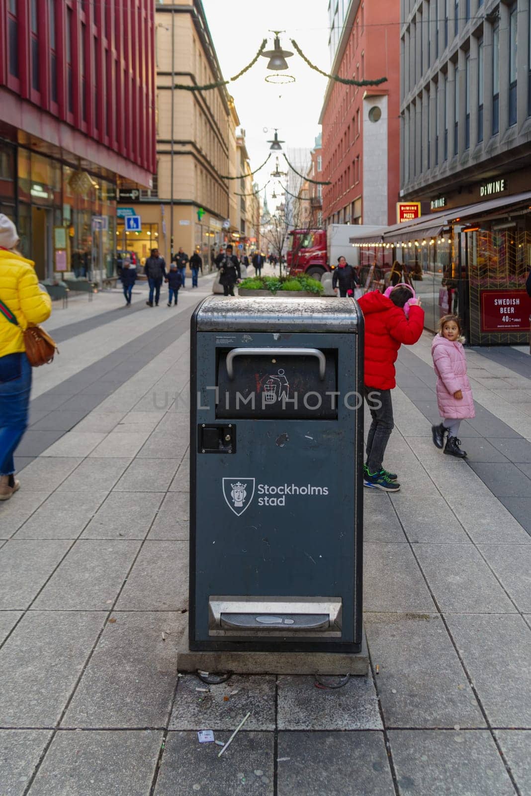 STOCKHOLM, SWEDEN- DECEMBER 23, 2020: dust bin in the city center of stockholm