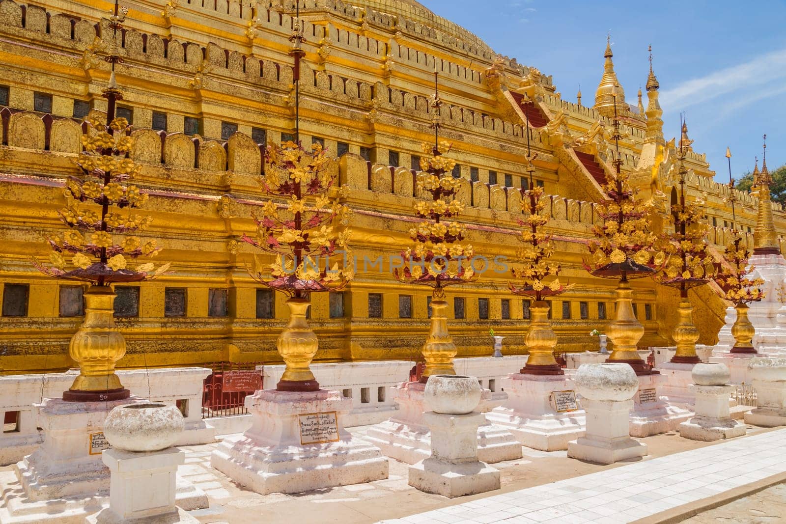 Bagan, Myanmar: 17 August 2020: The golden beautiful Shwezigon Pagoda in Bagan city, Myanmar