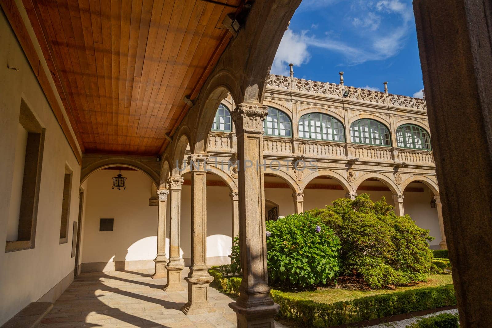 Santiago de Compostela, Galicia, Spain, August 14, 2022: the old city (UNESCO World Heritage Site), 16th century Fonseca college built by archbishop Alonso de Fonseca