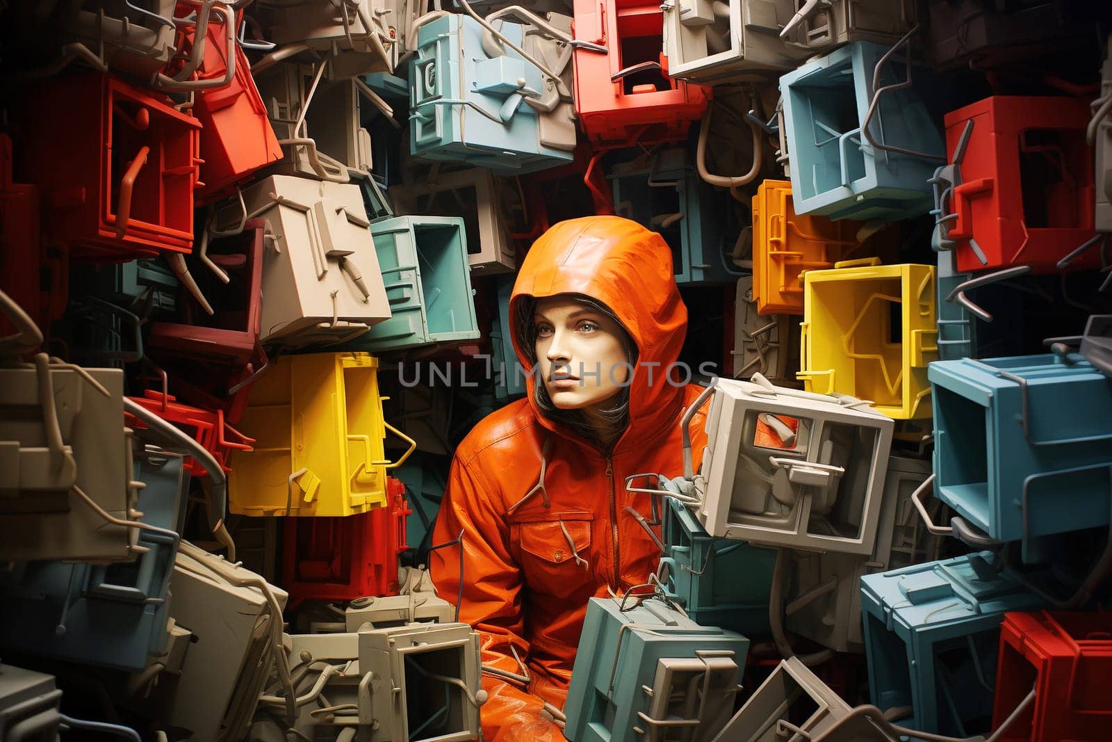 Sad man hiding between colorful boxes, depression and uncertain future, overwhelmed