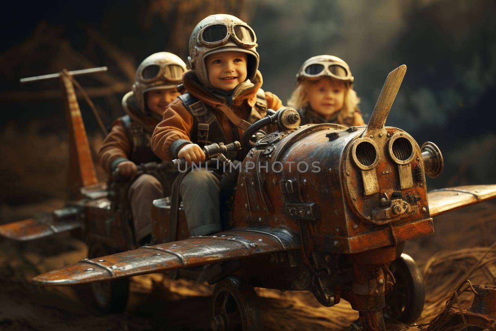 Happy, laughing children flying an airplane, childhood adventure and friendship, pilot playing to take off with a plane