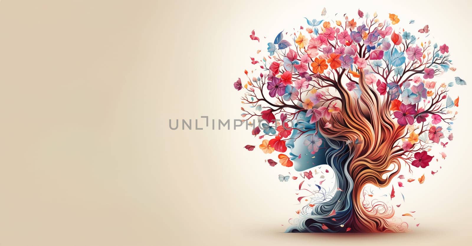Human mind with flowers and butterflies growing from a tree, positive thinking, creative mind, self care and mental health concept