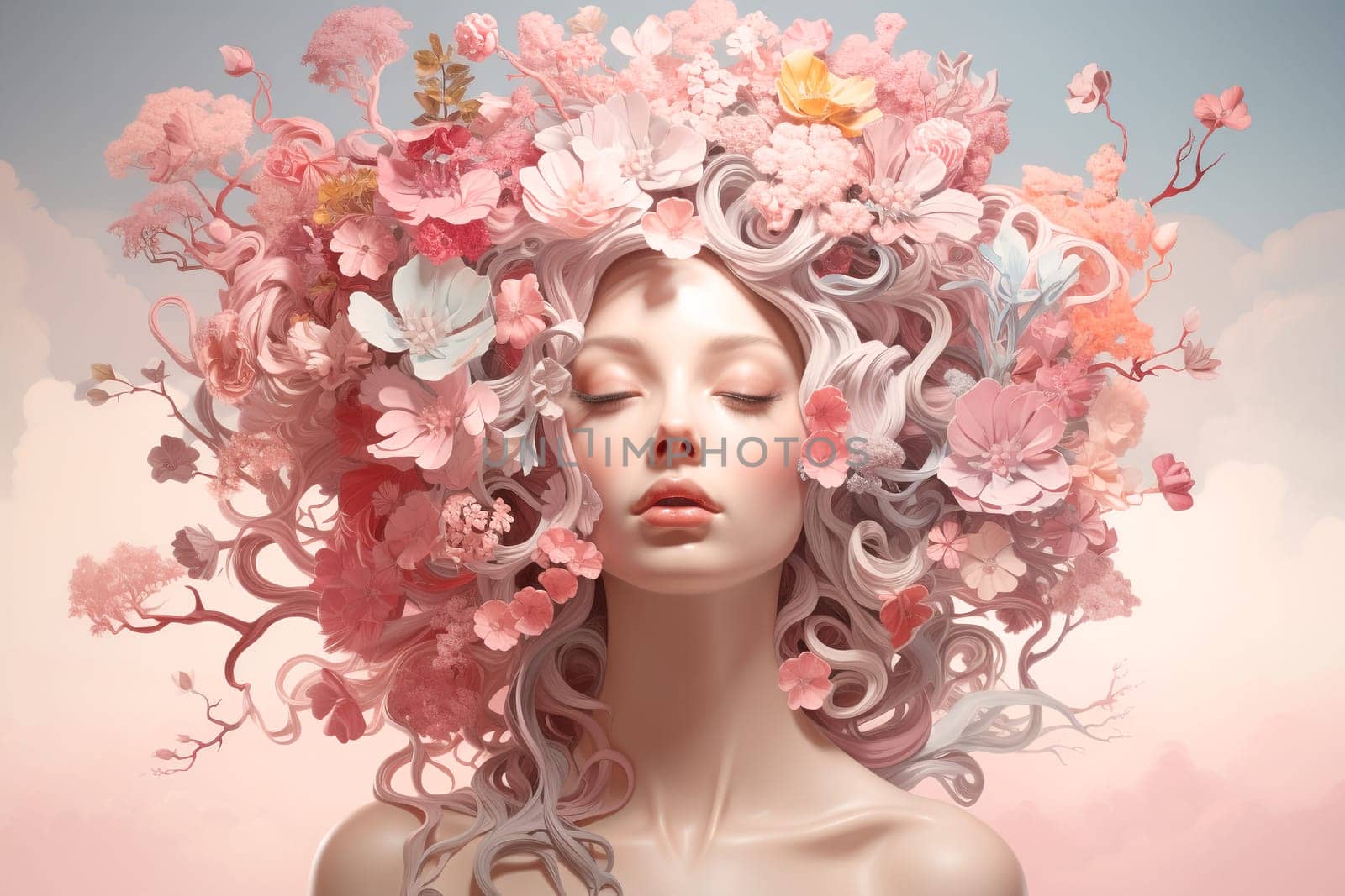 Human mind with pink flowers growing from a tree, positive thinking, creative mind, self care and mental health concept