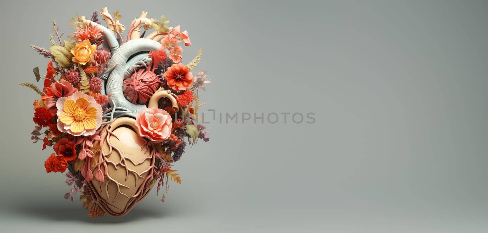 Human heart with flowers, love and emotion concept, good hearted person, help and charity
