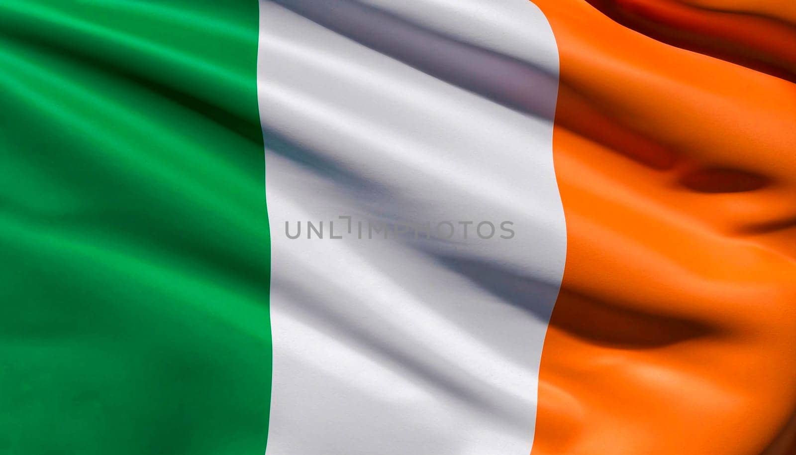 Fabric texture flag of Ireland. Flag of Ireland waving in the wind. Ireland flag is depicted on a sports cloth fabric with many folds. Sport team banner