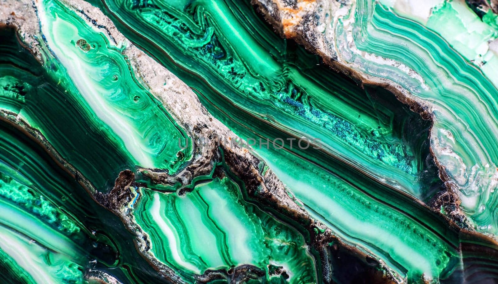 Unusual patterns of the polished malachite gemstone. Abstract green concentric structures