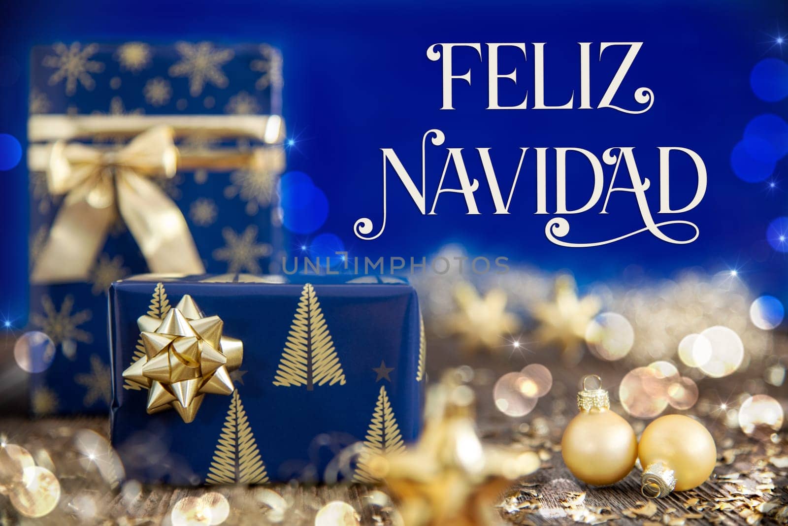 Spanish Text Feliz Navidad, Means Merry Christmas In English, Golden Blue Shiny Christmas Decor, Winter Background