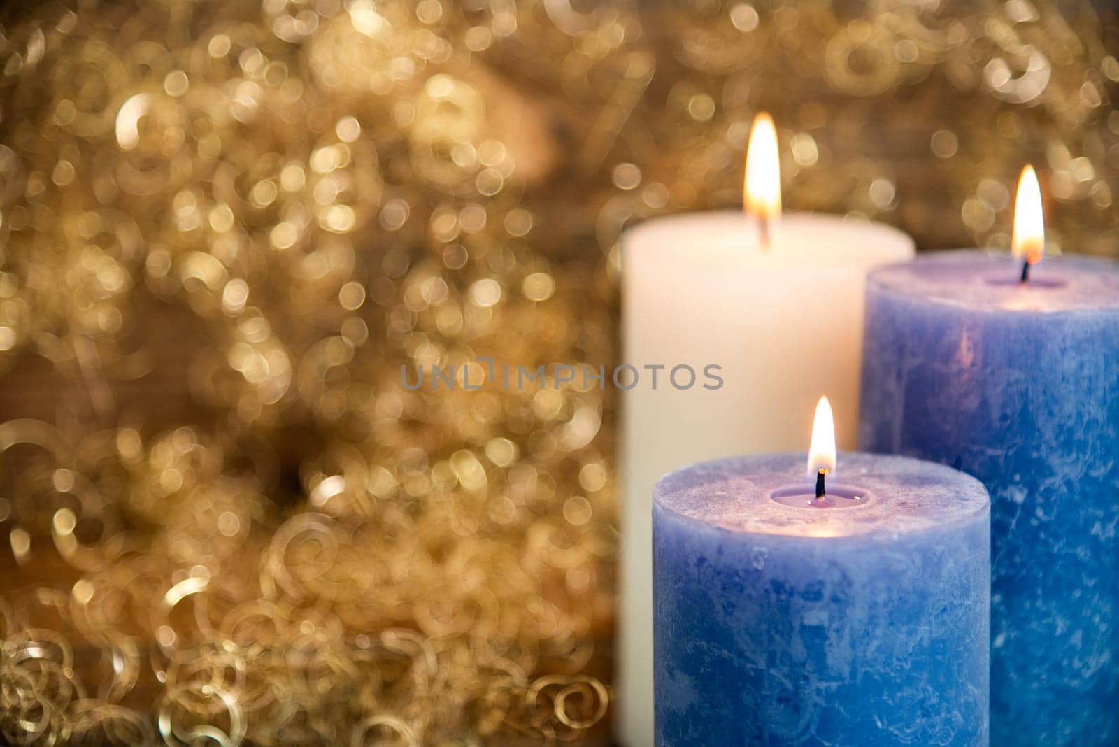 Candles, Golden, Glittering Winter Background, Festive Cozy Atmosphere Christmas Decoration