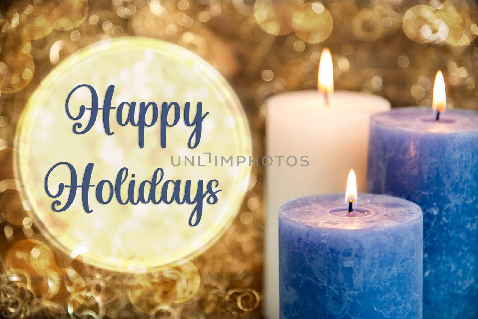 Text Happy Holidays, With Candles, Golden, Glittering Winter Background, Festive, Cozy Atmosphere Christmas Decoration
