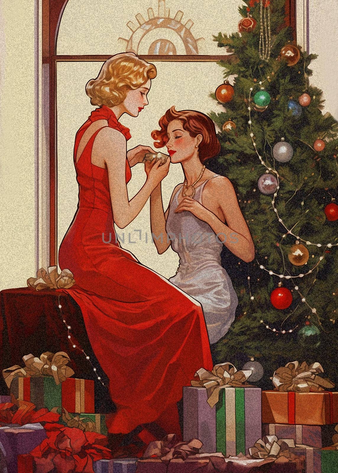 Transport yourself to the vintage charm of the 1920s-30s. This illustration captures two women in a Christmas setting, surrounded by presents, dressed in stylish period attire. A passionate moment unfolds as one woman, donned in a striking red evening gown, offers a gift box containing delicate perfume. The other, elegantly attired in pearl gray, is captivated. A timeless portrayal perfect for postcards and art projects.