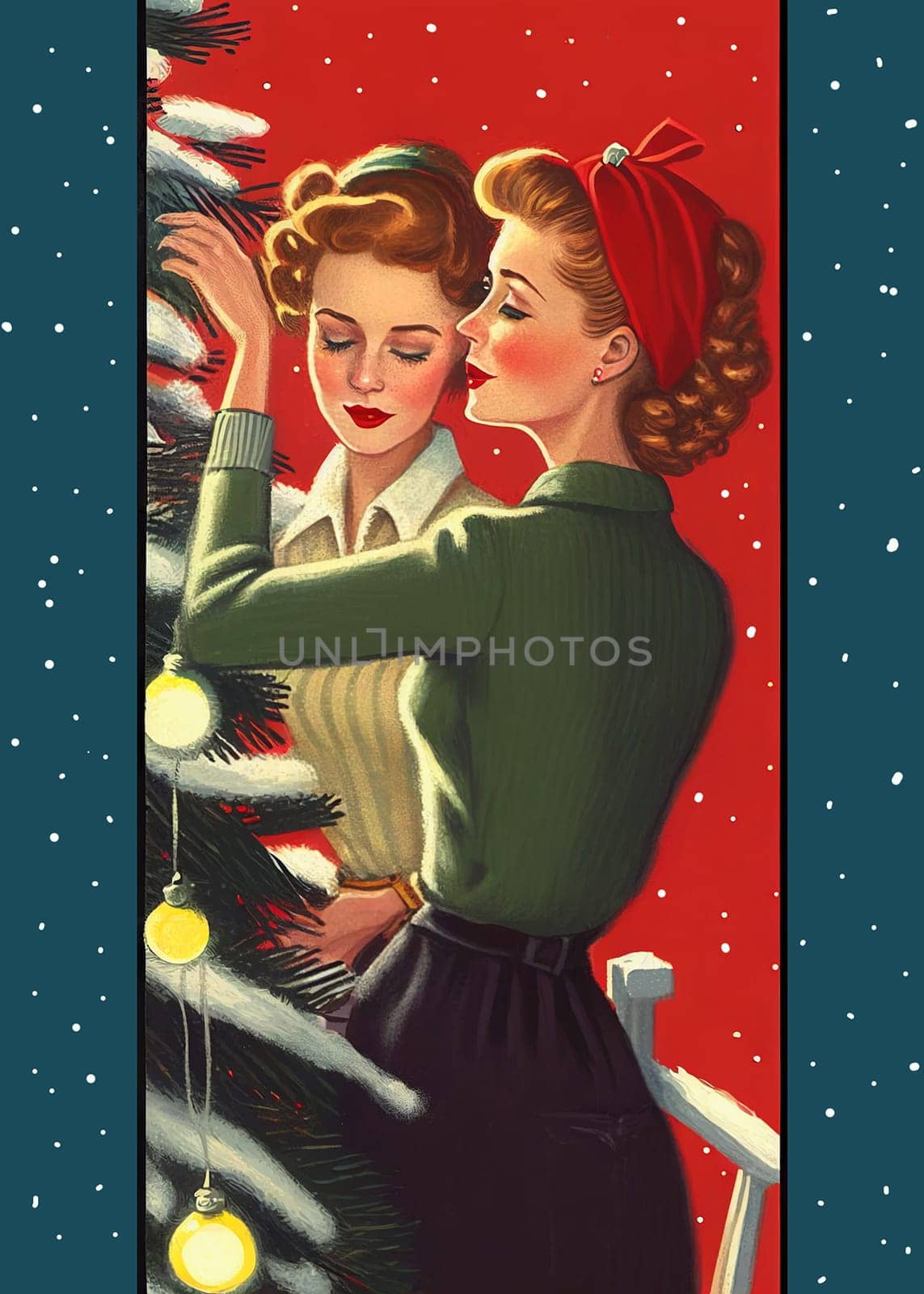 Surrounded by Christmas magic, two women decorate a Christmas tree. They share a romantic moment, barely looking at each other from beneath lowered eyelashes. The card is filled with vintage charm, and the red background hints at intense passion.