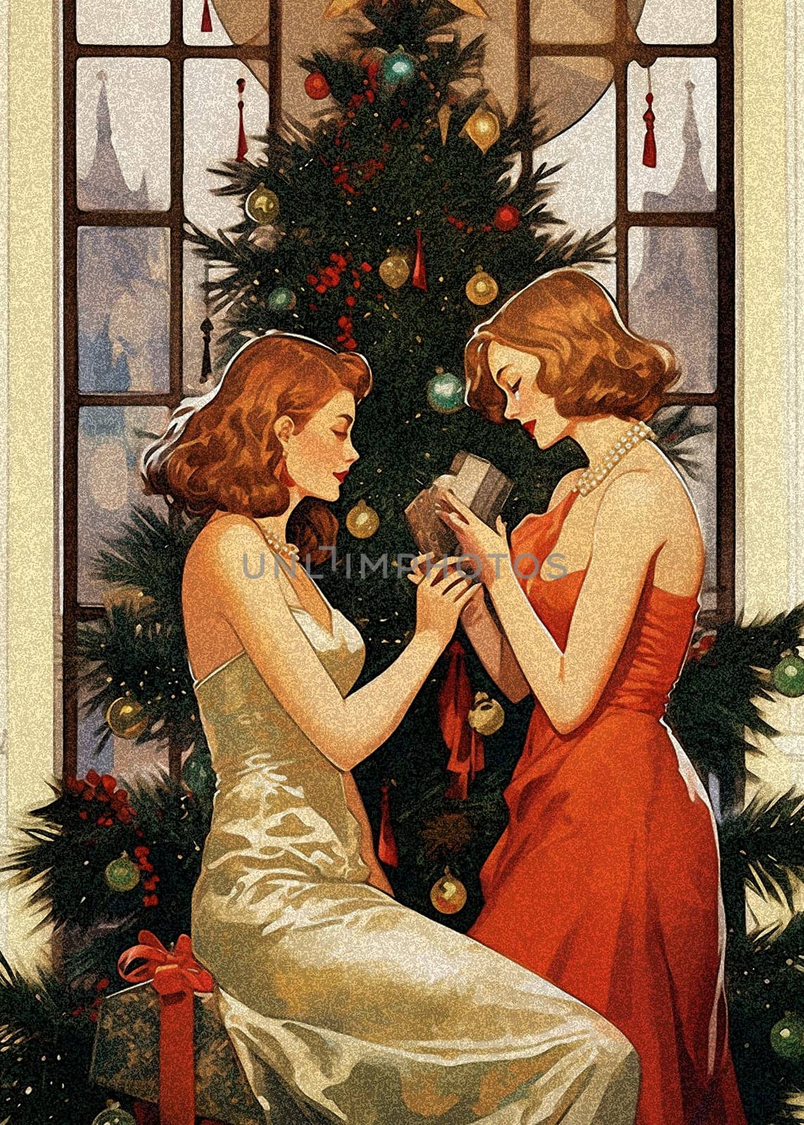 Picture of Tenderness - Against a sparkling Christmas tree and an exquisite French window stand two women. One in an alluring red evening gown, the other in pearl gray. One of the women unwraps a box, a gift from her female lover. The touching of their fingers speaks of endless tenderness and passion. A magnificent illustration that captures hearts.