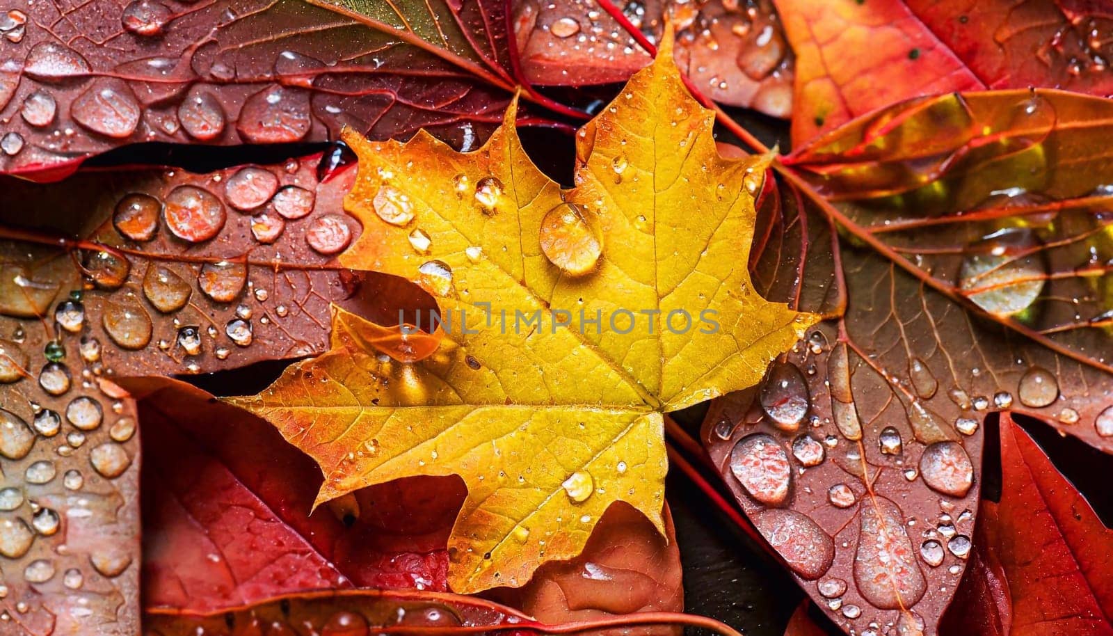 A closeup shot of beautiful autumn leaves covered with water drops