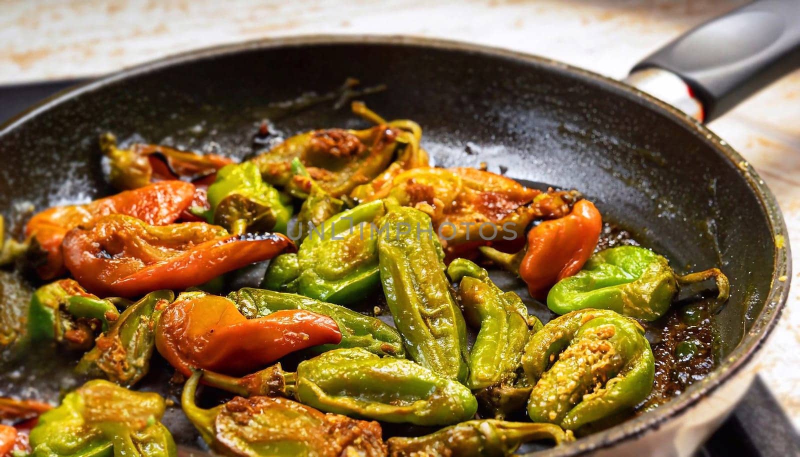Portion of fresh Pimientos de Padron close-up shot  selective focus