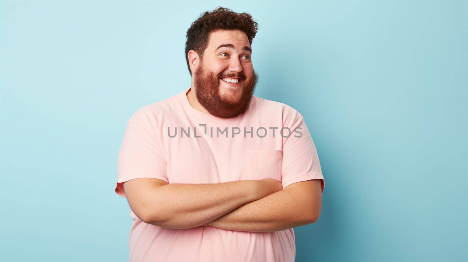 Happy bearded plus size man on blue background .Generative AI