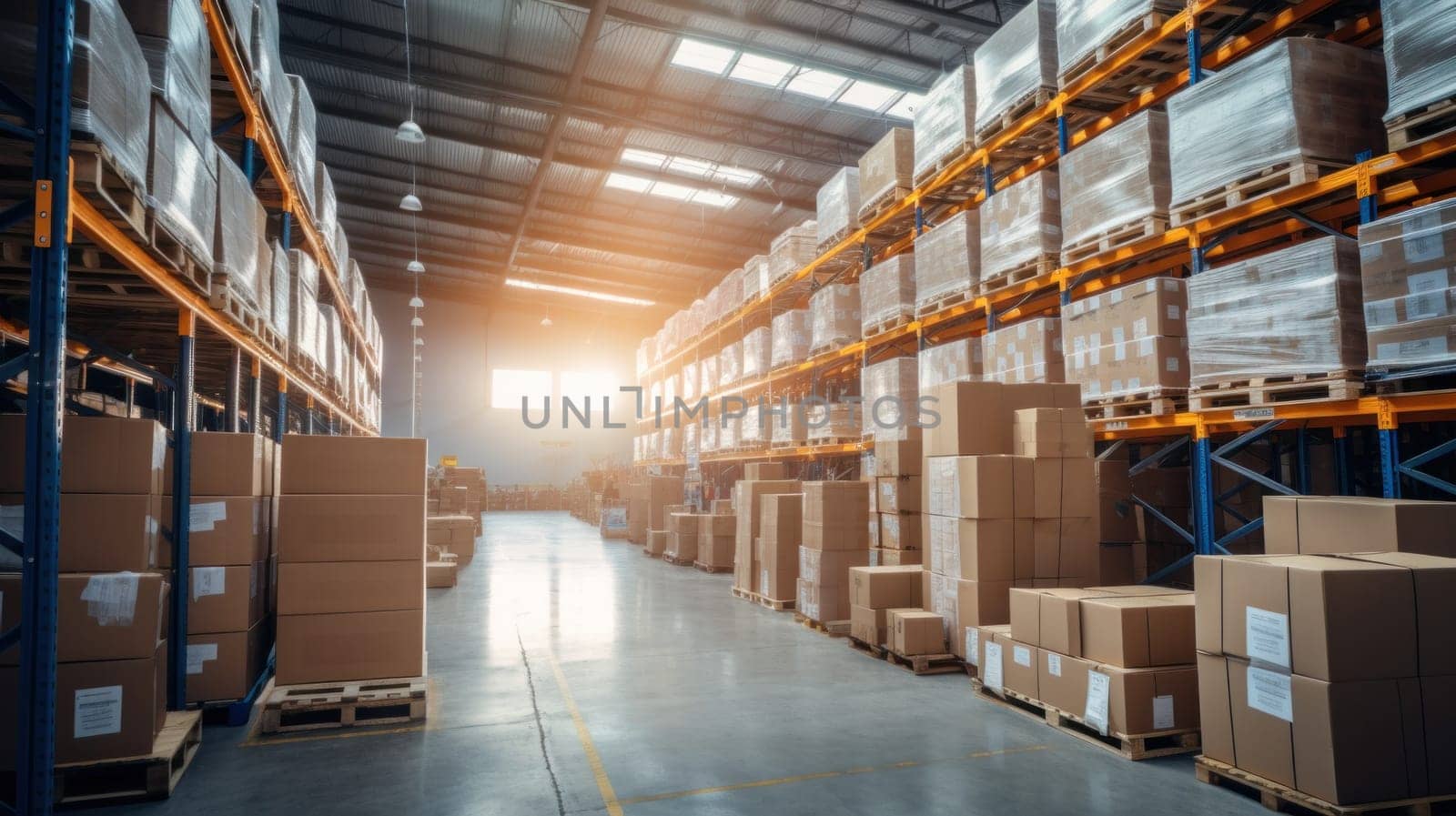 Modern warehouse filled with various boxes, cargo and materials.Generative AI