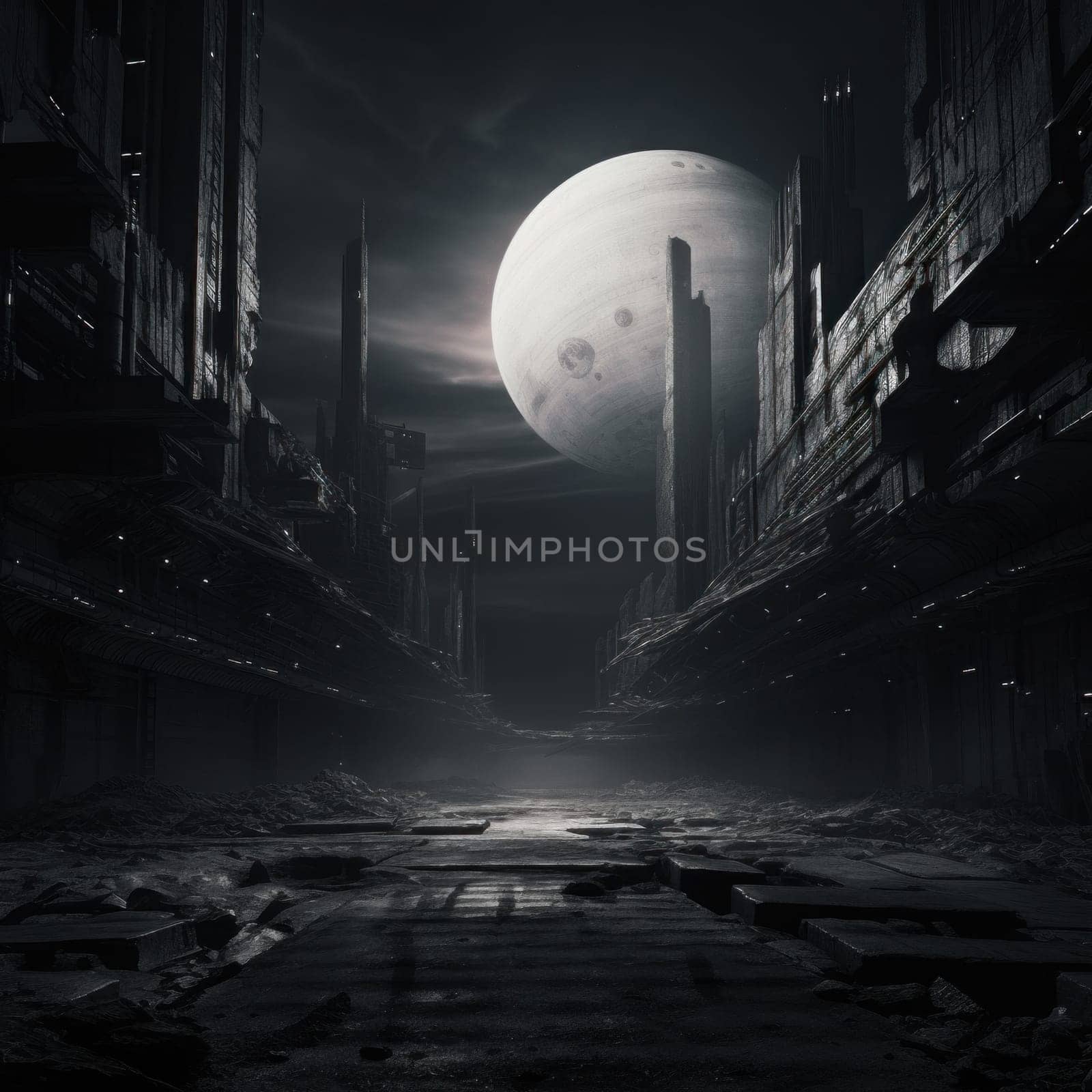 dystopian and surreal plot. destroyed alien architecture, apocalypse on an unknown planet. Generative AI