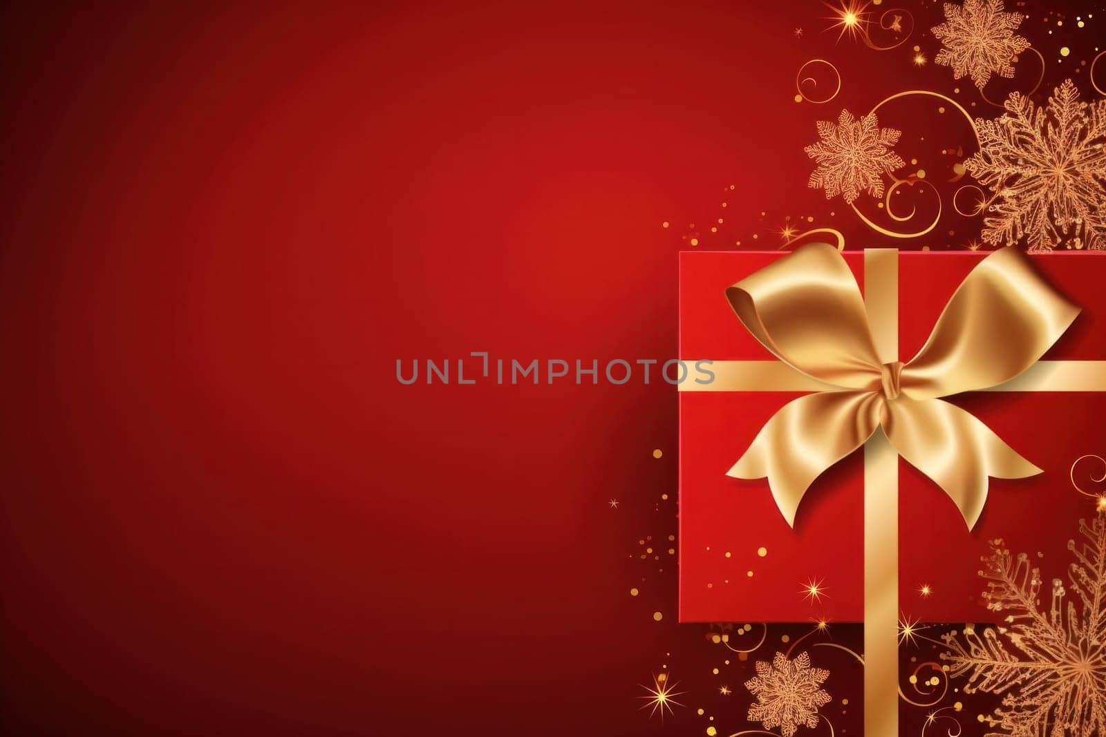golden elegant Christmas ornament with gift box on red background with copy space.Greeting Christmas card.Generative AI