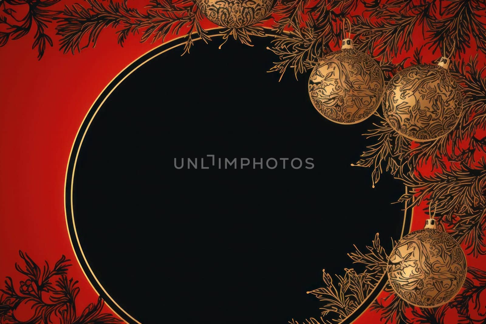 gold and red elegant Christmas ornament on black background with copy space with copy space.Greeting Christmas card.Generative AI
