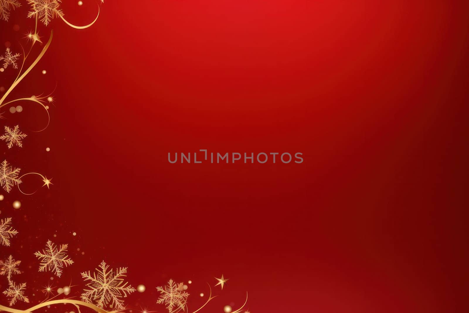 golden elegant Christmas ornament on red background with copy space.Greeting Christmas card. Generative AI
