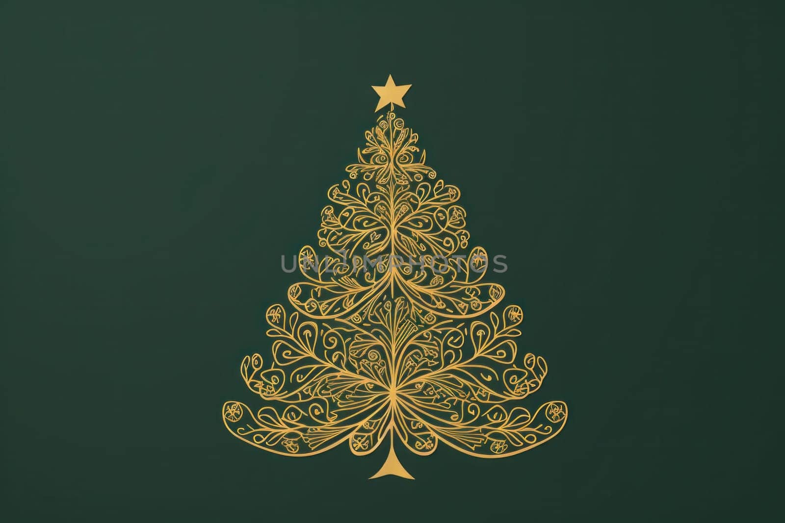 golden elegant Christmas ornament on green background with copy space.Greeting Christmas card.Generative AI