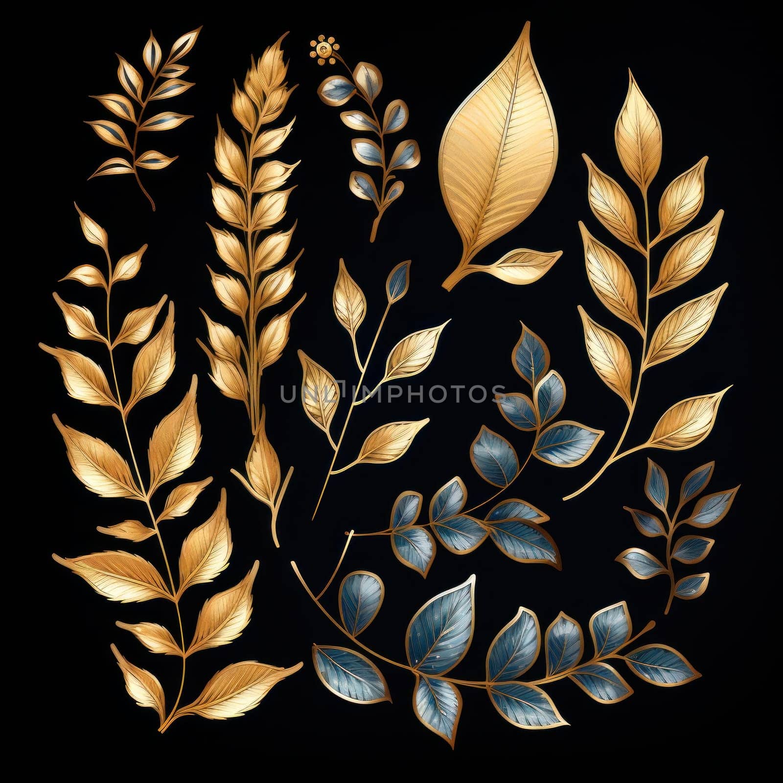 golden branches with leaves on a black background, can be used as design elements for cards and banners.Generative AI
