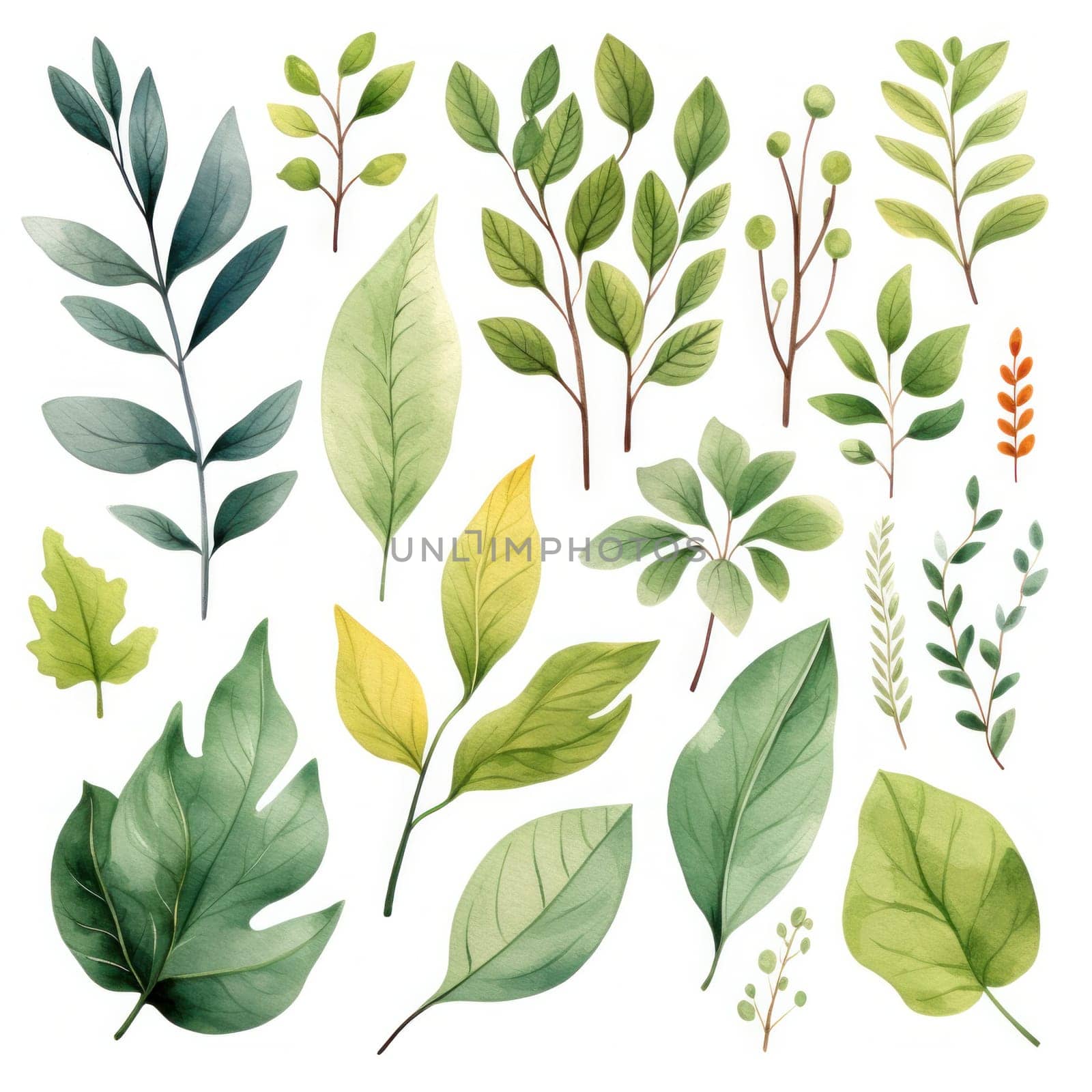 Watercolor tropical floral illustration with green leaves and greenery on white background.Generative AI