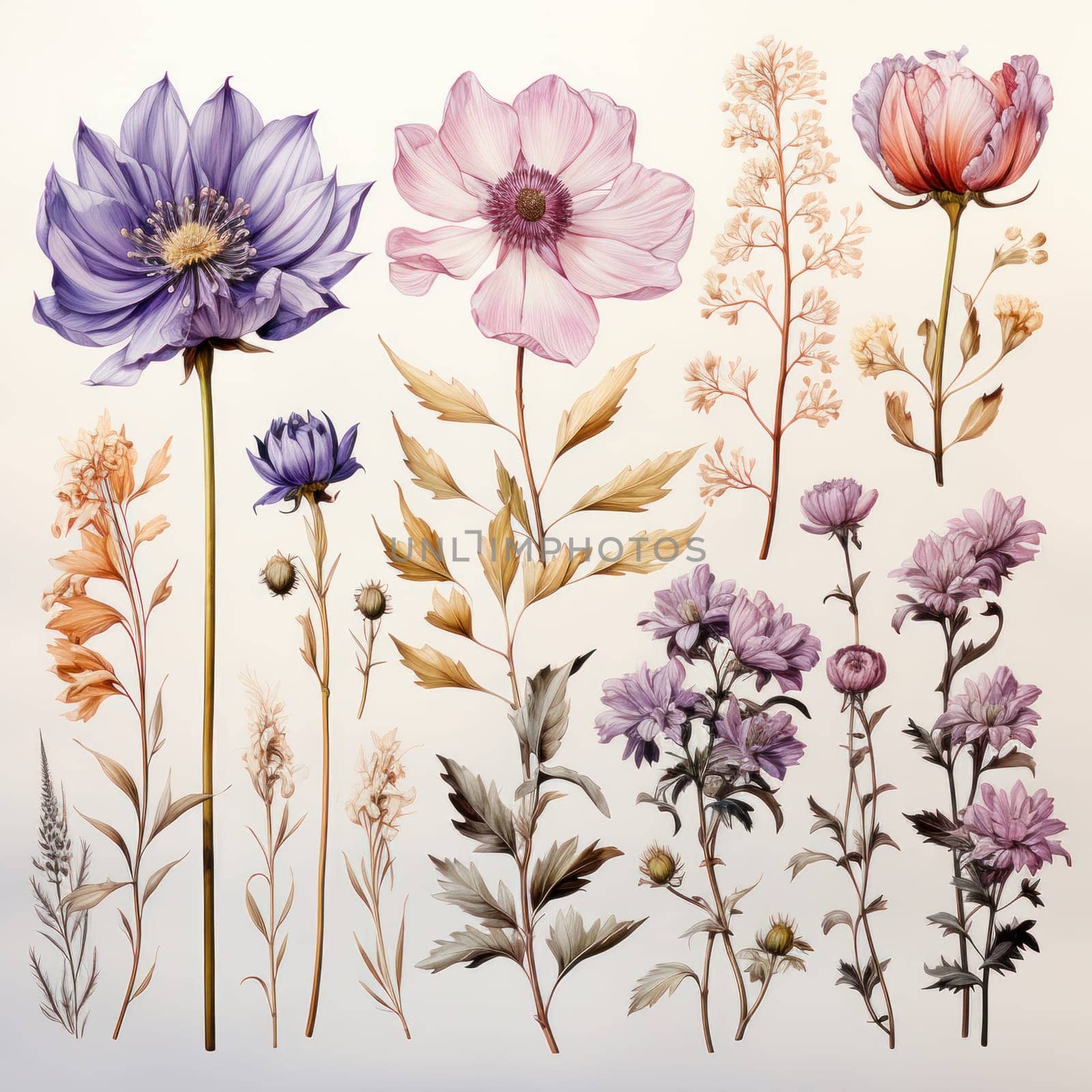 Watercolor purple and pink flowers and leaves, collection of floral illustrations on a light background.Set of watercolor flowers.Generative AI