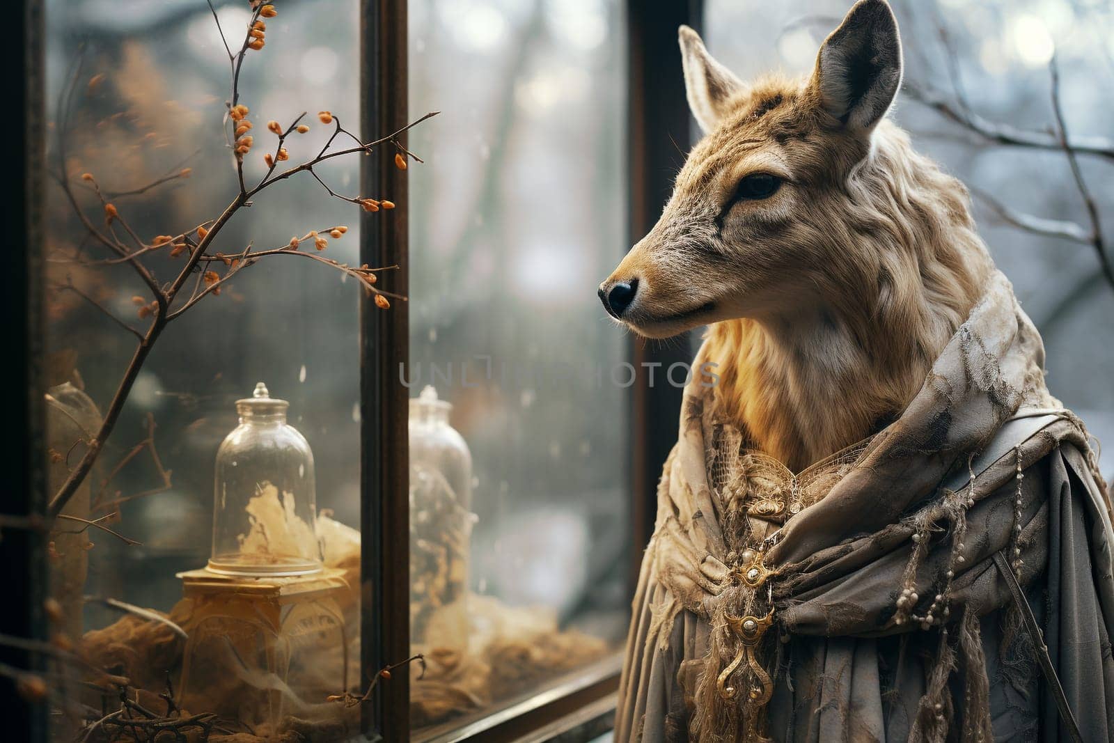 Surreal hybrid creature Elaphocentaurs half woman half deer in mythologie looking through a window, winter season with snow, christmas