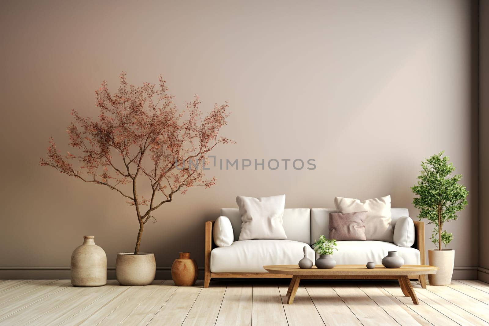 Modern living room with a couch or sofa, a table, plants and wooden floor, minimal lifestyle, empty wall