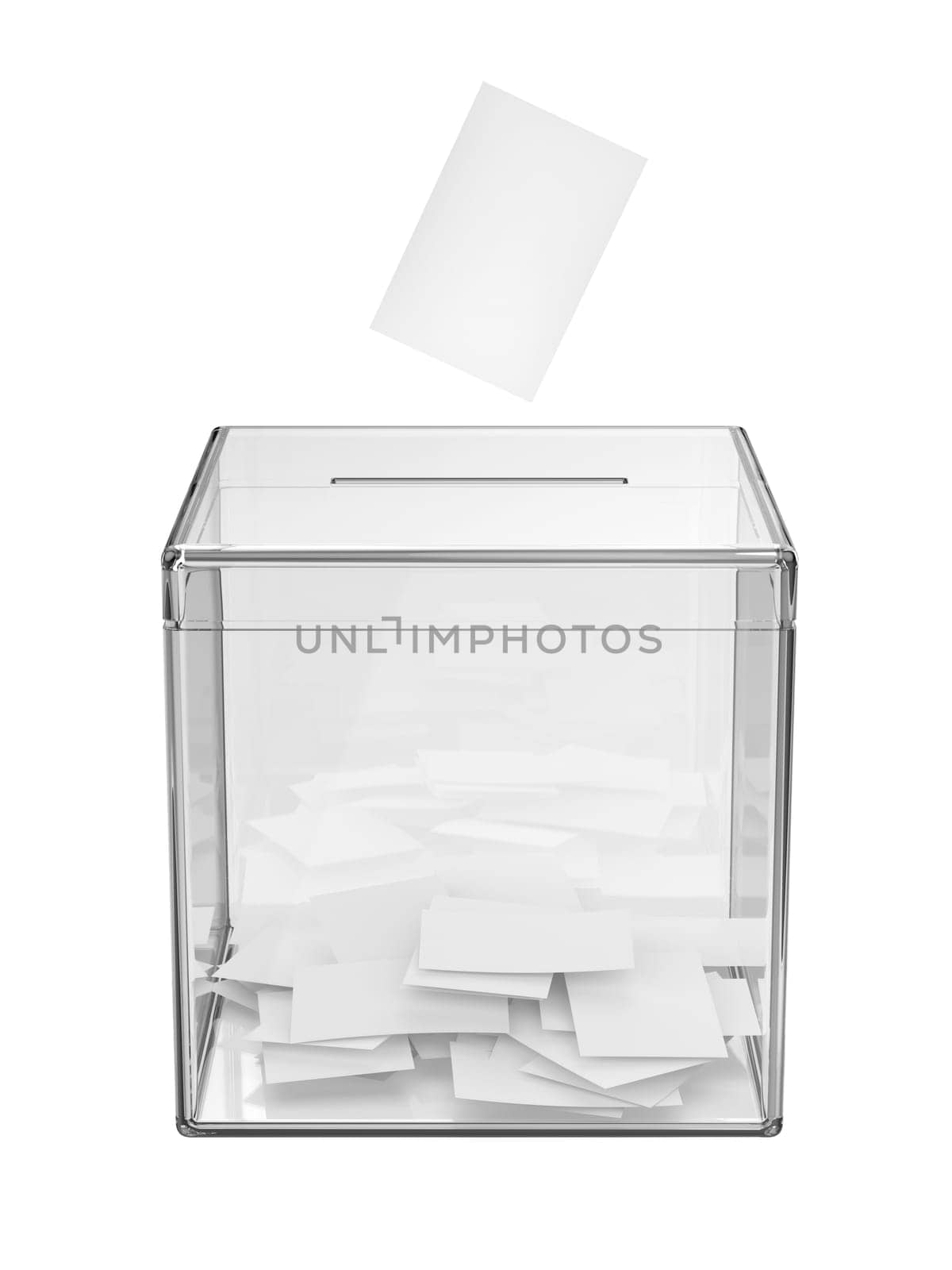 Voting paper and transparent ballot box on white background