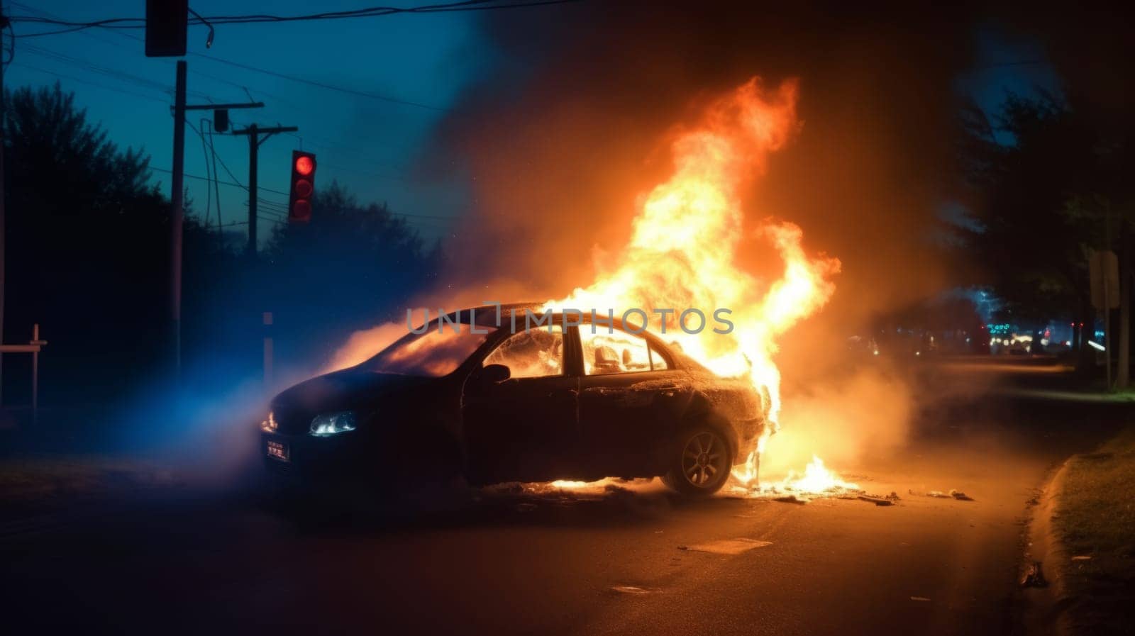 Car on fire. A burning electric vehicle on highway.