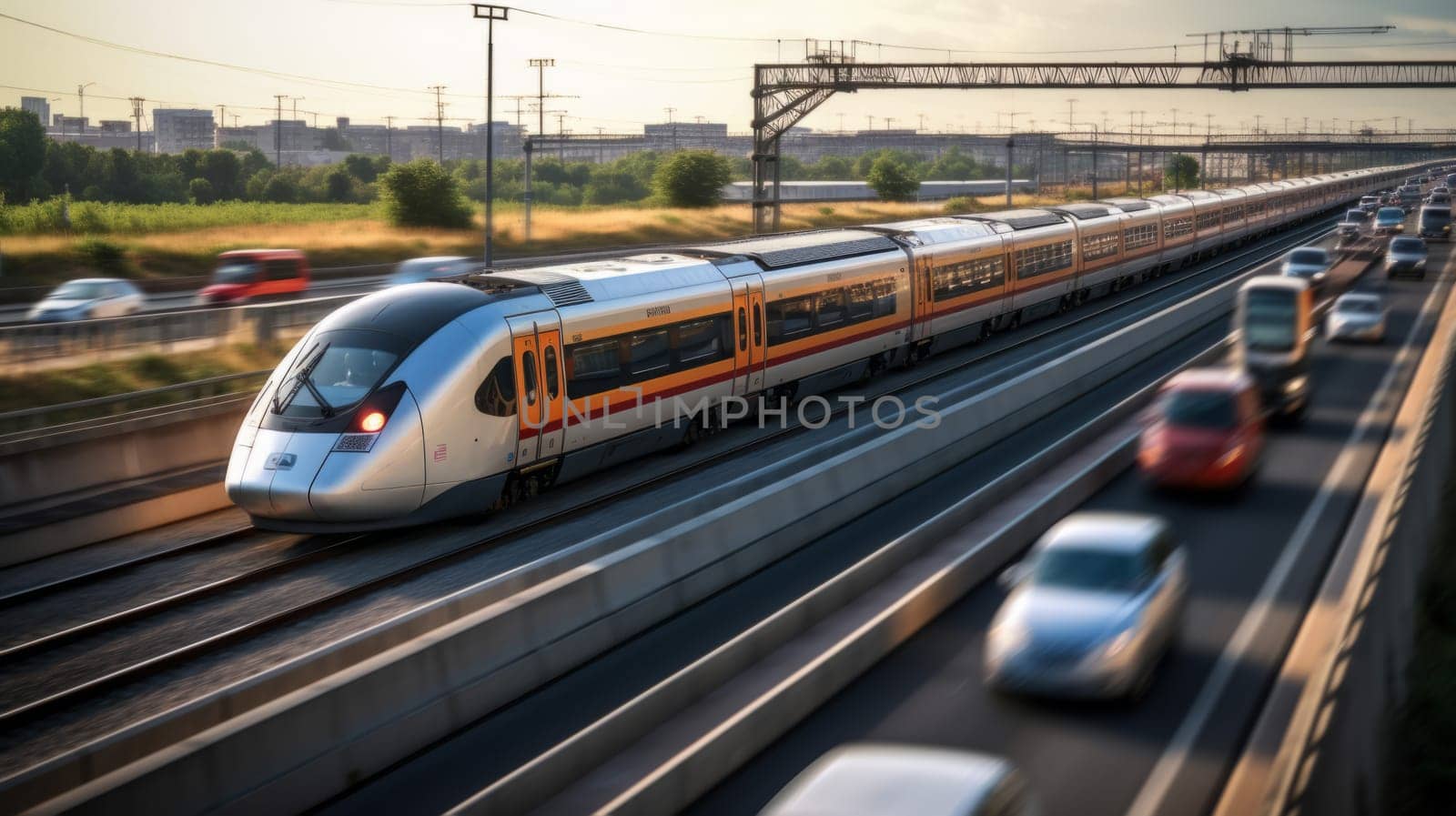High speed train on the train station at sunset in Vienna, Austria. Beautiful red modern intercity passenger train on the railway platform and buildings. Railroad in Europe. Commercial transportation
