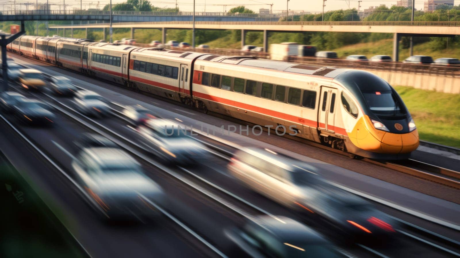 High speed train on the train station at sunset in Vienna, Austria. Beautiful red modern intercity passenger train on the railway platform and buildings. Railroad in Europe. Commercial transportation