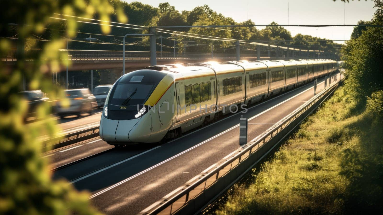 A public transport train in the city overtaking traffic jam. A concept of great transportation system in a modern developed city. Beautiful and clear weather.