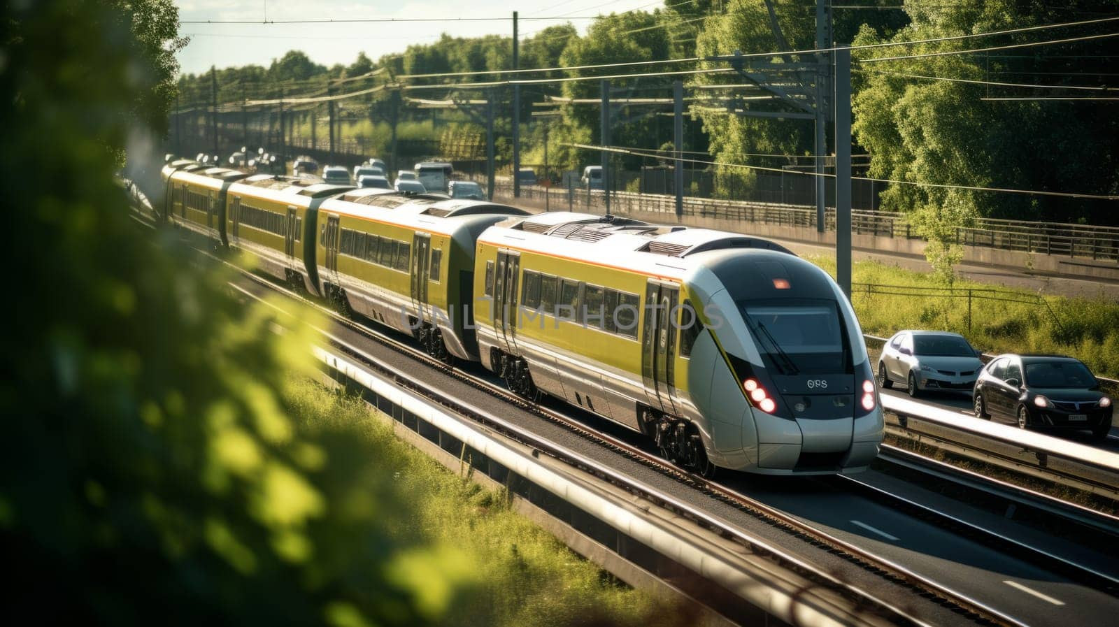 A public transport train in the city overtaking traffic jam. A concept of great transportation system in a modern developed city. Beautiful and clear weather.