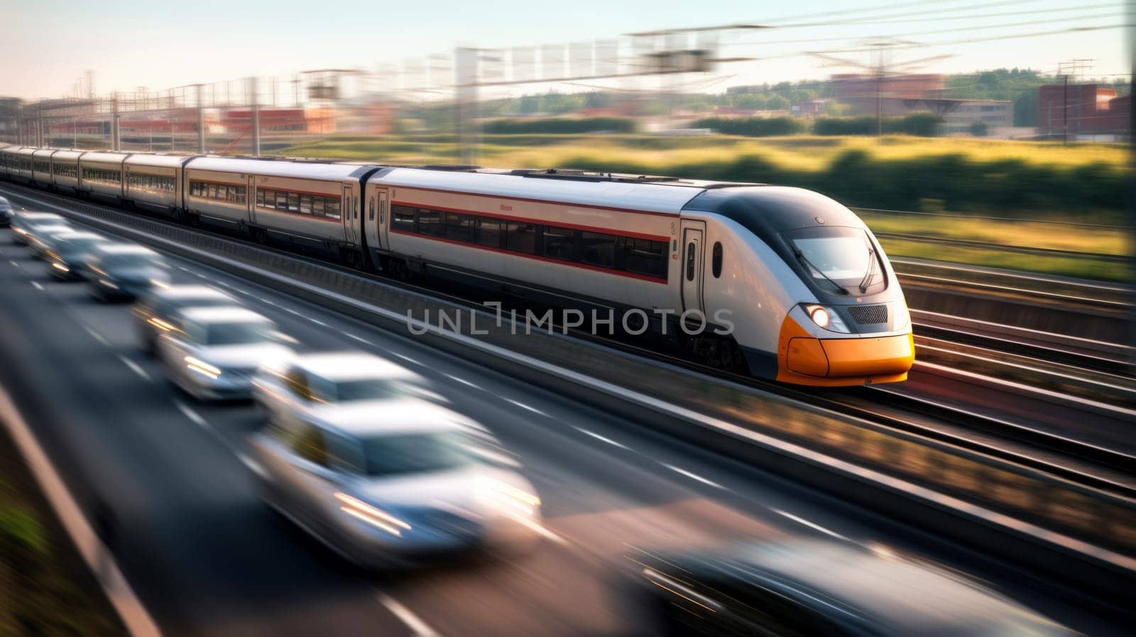 High speed train on the train station at sunset in Vienna, Austria. Beautiful red modern intercity passenger train on the railway platform and buildings. Railroad in Europe. Commercial transportation