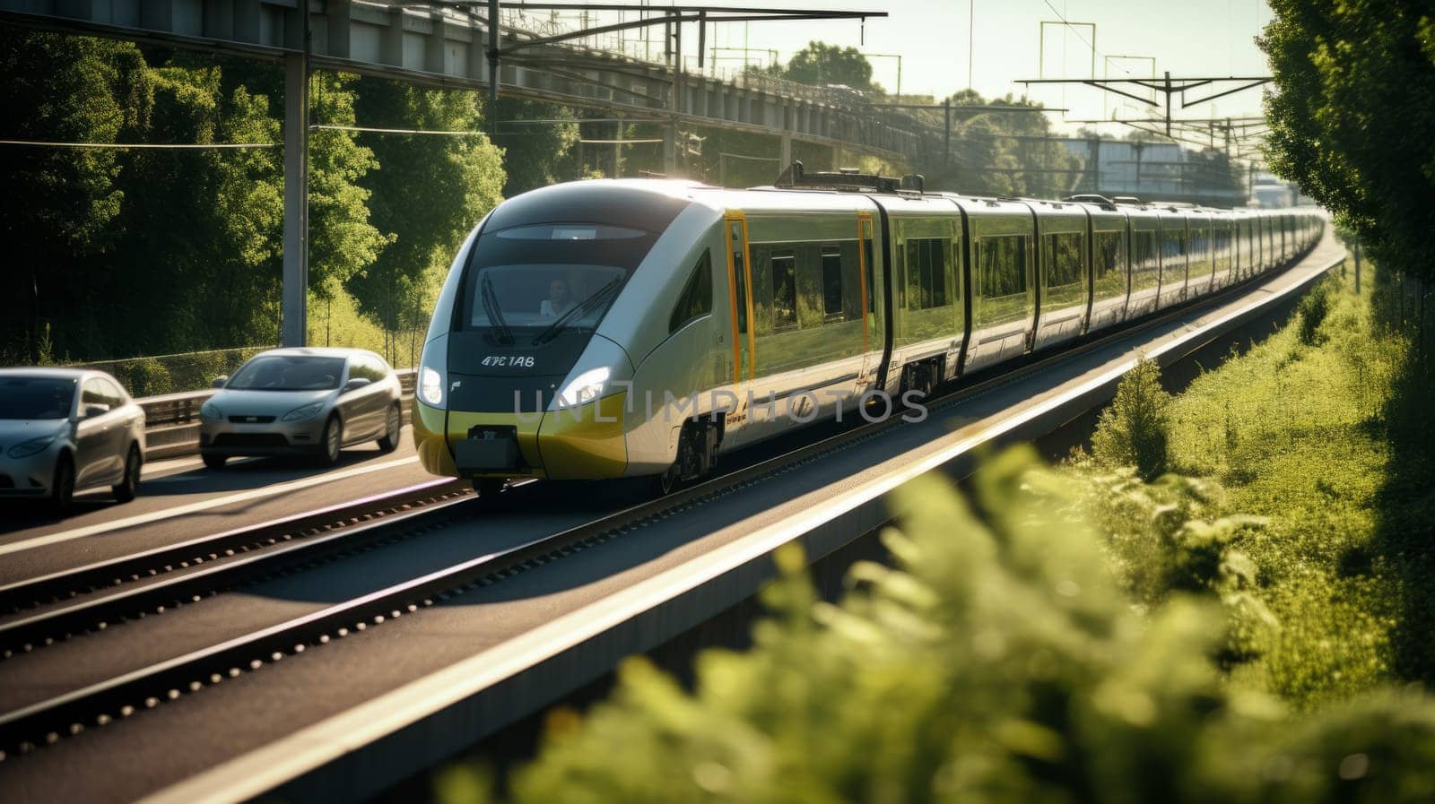 A public transport train in the city overtaking traffic jam. A concept of great transportation system in a modern developed city. Beautiful and clear weather.