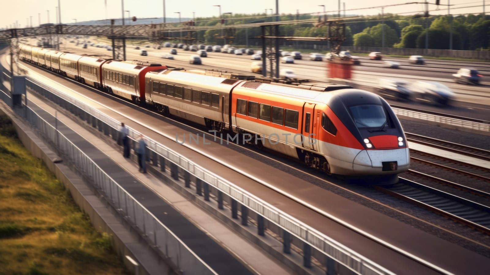 High speed train on the train station at sunset in Vienna, Austria. Beautiful red modern intercity passenger train on the railway platform and buildings. Railroad in Europe. Commercial transportation