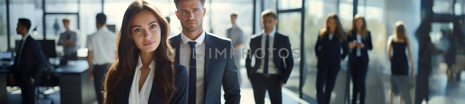 Smiling confident business leader looking at camera and standing in an office at team meeting. Portrait of confident businesswoman with colleagues in boardroom. Posing while holding digital tablet.