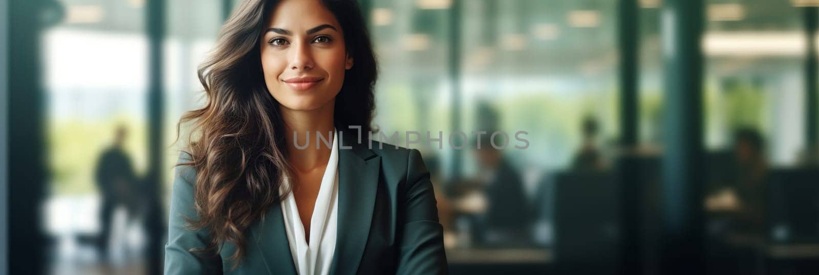 Smiling confident business leader looking at camera and standing in an office at team meeting. Portrait of confident businesswoman with colleagues in boardroom. Posing while holding digital tablet.