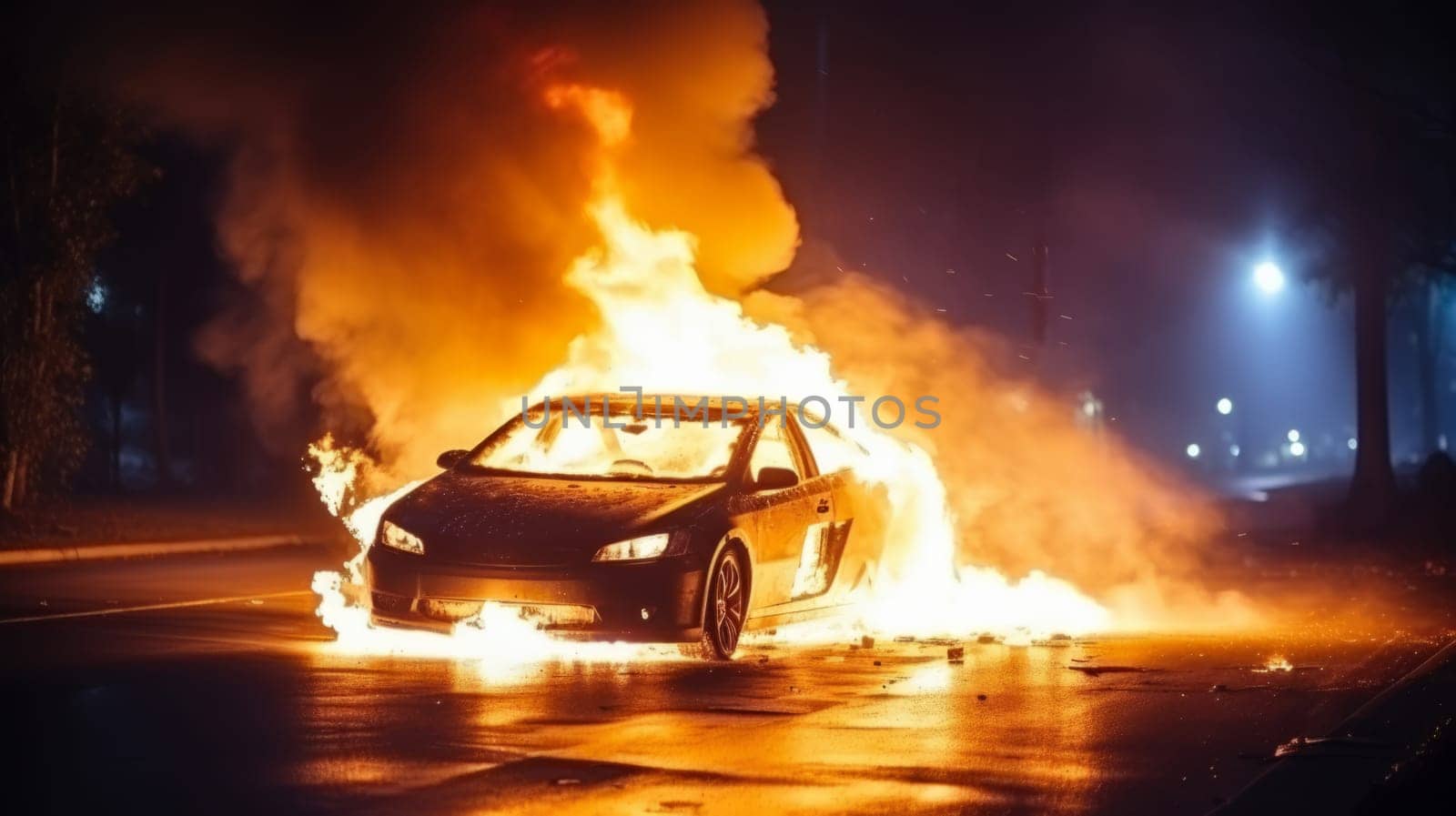 Car on fire. A burning electric vehicle on highway.