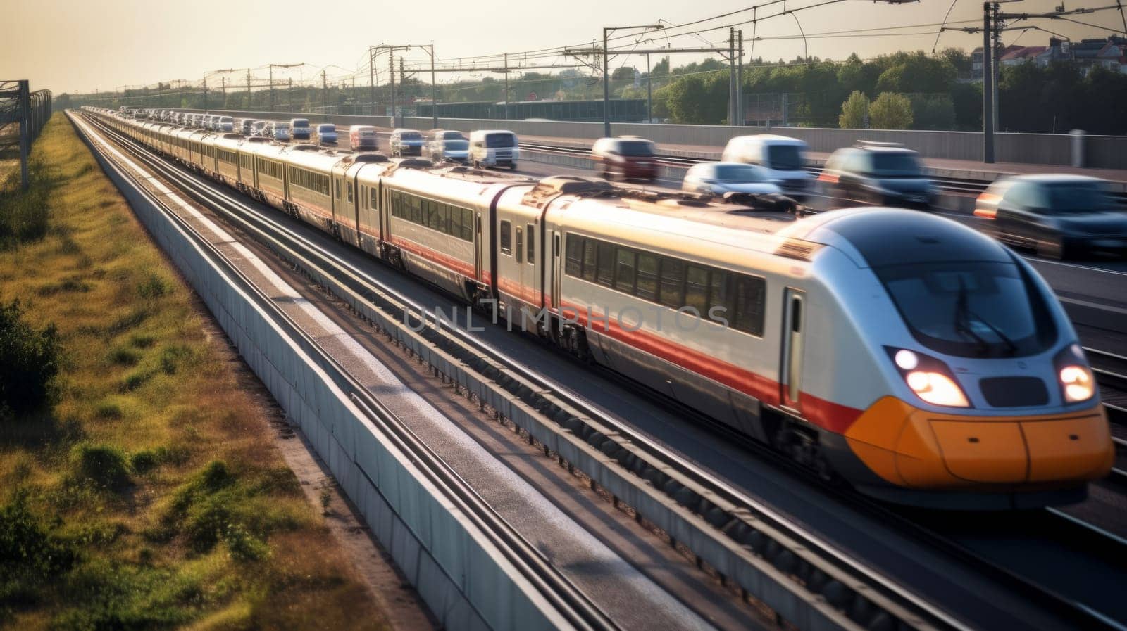 High speed train on the train station at sunset in Vienna, Austria. Beautiful red modern intercity passenger train on the railway platform and buildings. Railroad in Europe. Commercial transportation