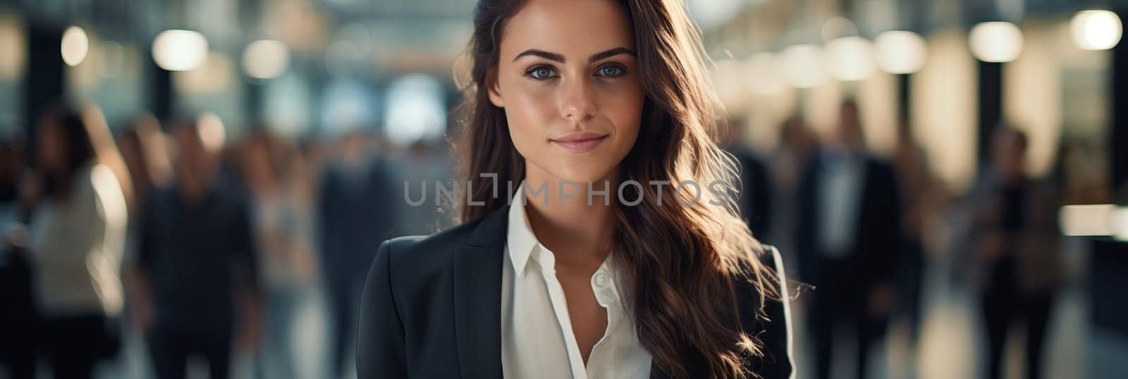 Smiling confident business leader looking at camera and standing in an office at team meeting. Portrait of confident businesswoman with colleagues in boardroom. Posing while holding digital tablet.
