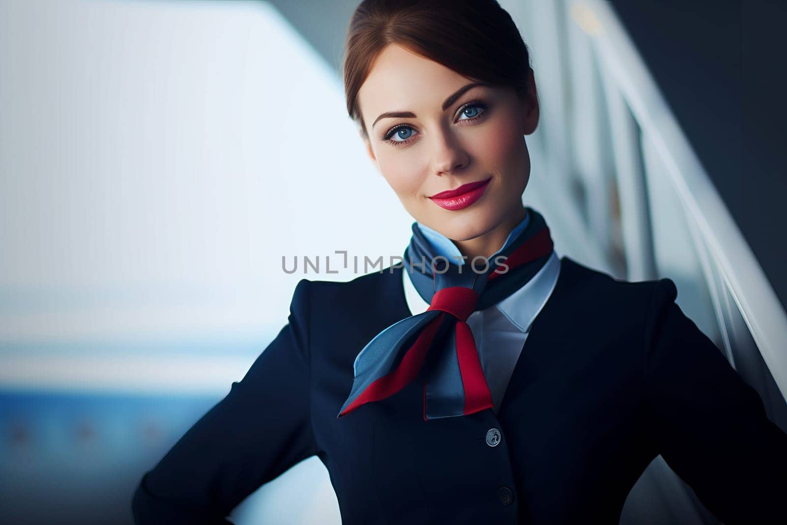 Young and pretty Stewardess with airplane in the background