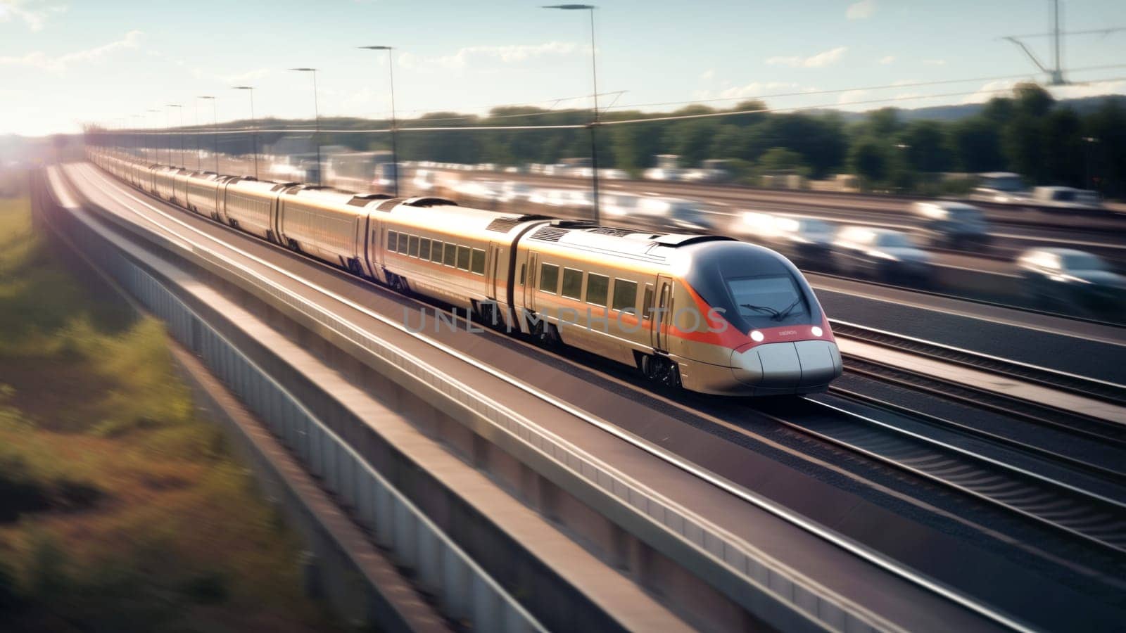 High speed train on the train station at sunset in Vienna, Austria. Beautiful red modern intercity passenger train on the railway platform and buildings. Railroad in Europe. Commercial transportation